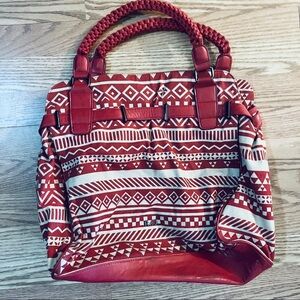 Nwot Large R + J Red & Tan Purse Double Braided Leather Handle Lined W/Pockets